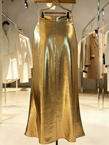 女士金色亮面雪纺半身裙，优雅休闲百搭修身半身裙 - 金色 - 查看 2