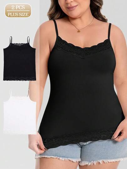 2 Stück Spitzen-Camisole Tops in Große Größen, einfarbige vielseitige bequeme Spitzen-Unterhemden. Spitzen-Wäsche für Frauen, geeignet für alle Jahreszeiten
