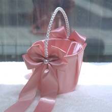 White Cute Pearl Handle Bow Satin Flower Girl Basket, Suitable For Wedding Ceremony - Flower Basket - View 3