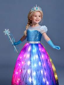 女童RGB灯光公主服，可与音乐应用程序同步，配有配件，适合3-10岁儿童 - 藍色 - 查看 4