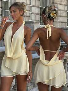 2026新款雪纺吊带低胸露背荷叶边系带迷你连衣裙，女士夏季度假连衣裙，优雅派对连衣裙，沙滩连衣裙，Y2K风格，适合派对、婚礼、生日等场合 - 香檳色 - 查看 3