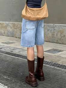 NVFelix 女士宽松直筒牛仔短裤，优雅时尚的Y2K风格 - 淺色水洗藍 - 查看 3