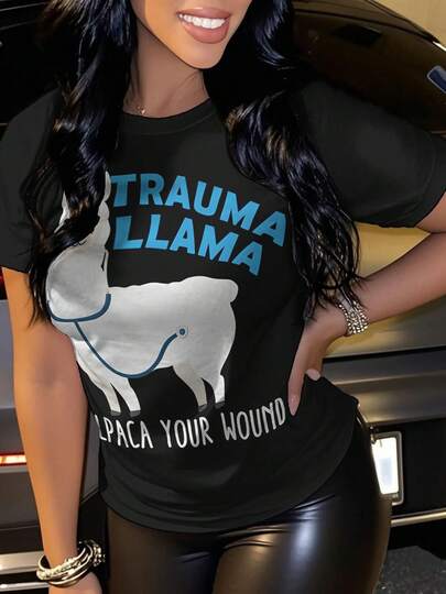 Women's Themed Nursing-Shirt - Trauma Alpaca And Spanish Phrase Print (Paca Tu) - Soft Breathable Short Sleeve Nurse Top, S-2XL (Black/Pink/Orange) - Casual Workwear And Summer Vacation Outfit