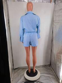 European And American Women's Clothing, New, Casual Short Trousers, Long-Sleeved Shirt Set.,Conjunto De Mujeres Elegantes - 淺藍色 - 查看 2