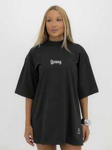 Oversized T-Shirt With High Neck And Print, Young Streetwear, Unisex Cotton - 黑色 - 查看 5