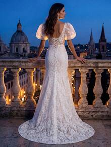 HEARBOBO Mesh Petal Sleeve Deep V-Neck Lace Trim Luxurious Bohemian Mermaid Dress, Elegant French Style Wedding Gown - White - View 2