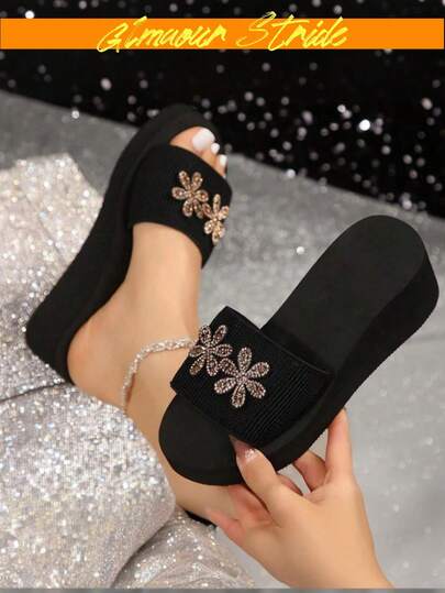 女士水钻花卉装饰厚底凉拖鞋，轻便5厘米坡跟露趾凉拖鞋，休闲户外拖鞋
