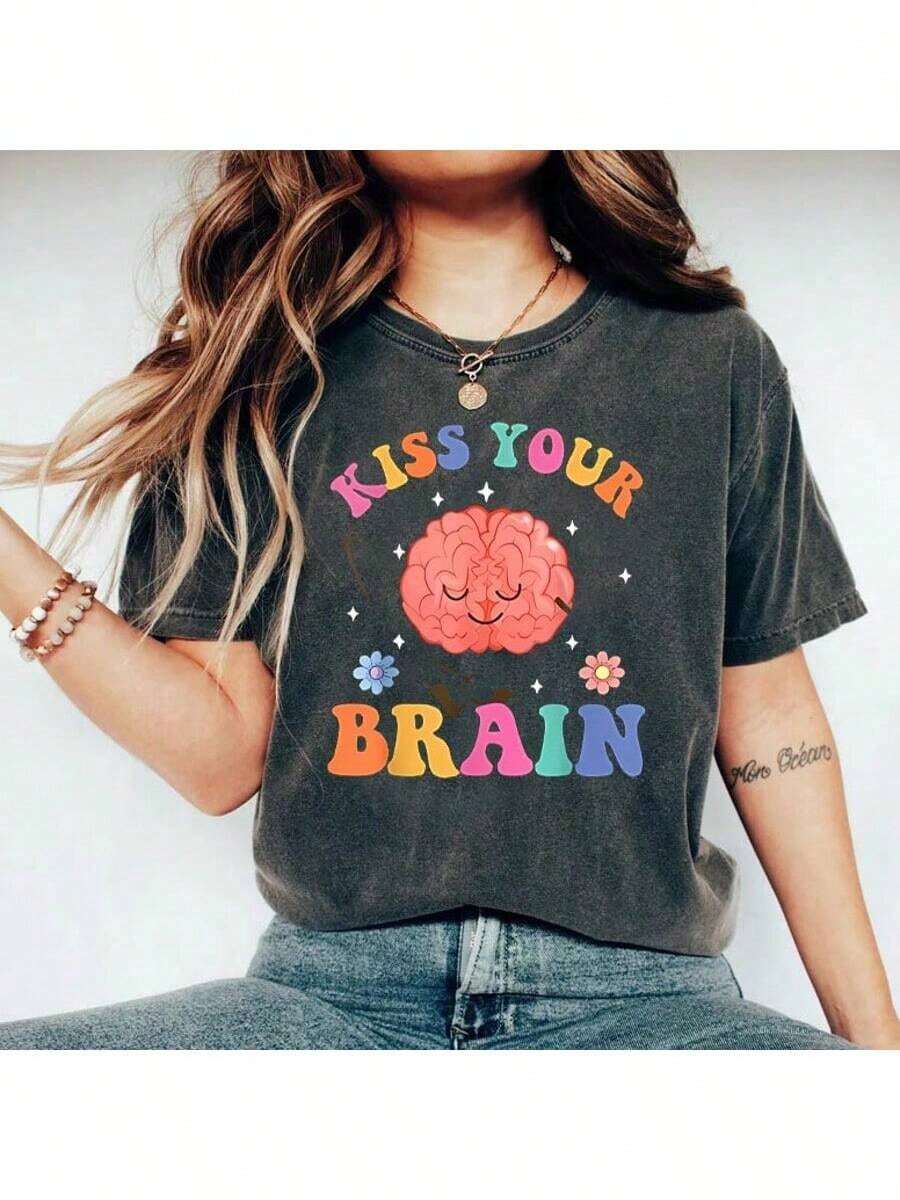 Womens Shirts SPED Teacher Shirt Kiss Your Brain Shirt Mental Health T Shirt Special Education Motivational Shirt Summer Tops For Teens,Loose Fit Round Neck Short Sleeve Women T-Shirt, Suitable For Summer Color Black - Teacher shirt004 - 查看 1