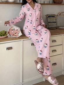 SANRIO 2pcs Women's Casual Striped Loungewear Set, Pajama Set - Pink - View 3