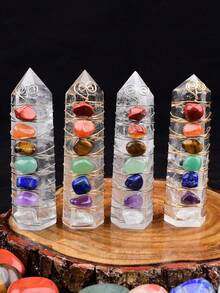 Natural Crystal Obelisk Pyramid Seven Chakra Healing Stone Crafts, Home Decor Gift - White Crystal Seven Chakra Pillar - View 7