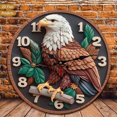 1 Piece Branch Eagle And Green Leaf Wall Clock - Silent, Non-Ticking, Battery-Powered - Wooden Frame With Green Leaf And Eagle Design - Large Size 12inch / 10inch Suitable For Bedroom, Kitchen, Living Room (Requires AA Batteries), 2D Flat Design