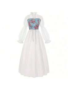 Robe longue style cour médiévale vintage avec ceinture, costume de scène - Robe corset blanche de style cour avec couronne de fleurs et oreilles d'elfe - Voir 3