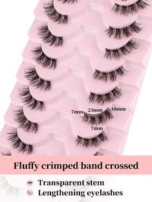 10 Pairs Transparent Fiber Criss-Cross Fluffy Curly Half-Strip False Eyelashes, 3D Faux Mink Handmade 7-10mm Lengthening Lashes, Suitable For Women Makeup And Parties - Black - View 3