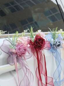 Hochzeitsauto Rückspiegel Blumen Dekoration, Hochzeitsauto Türgriff Satinband Schleifen Blumen Dekoration - 1PC - Übersicht 10
