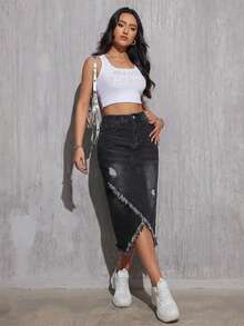 女士优雅时尚流苏水洗牛仔中长裙休闲黑色春季款 - 黑色 - 查看 5