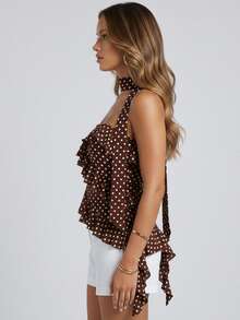 Women's Dot Print Tube Tops With Neckband Ruffle Asymmetrical Hem Summer Strapless Crop Bandeau - Dark Brown - View 10