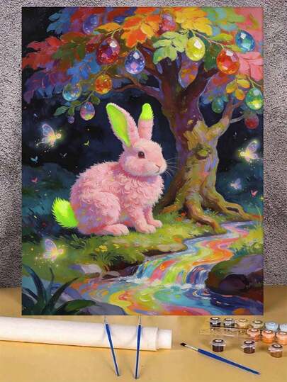 Pintura al óleo por números de un conejo rosa fantasía bajo un árbol arcoíris, manualidades de pintura en lienzo para decoración del hogar, regalos de vacaciones, 40x50cm/16x20 pulgadas