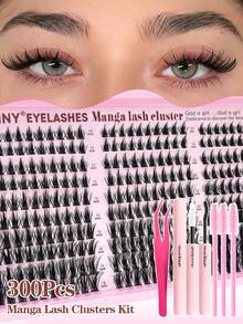 Eimny 300 Pcs Manga Lash Clusters Kit With Bond And Seal & Tweezers And Lash Brush, Wispy Fairy Fluffy Eyelash Extensions, CC Curve 10-16mm Individual Lashes For DIY Cat/Doll Eye, Beginner-Friendly Anime Look For Daily & Party Wear - 彩色 - 查看 2