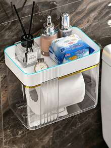 1pc Transparent Waterproof Tissue Box, Wall-Mounted Roll Paper Tissue Box Storage Rack - Grey - View 5