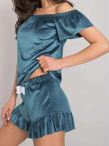 女士春夏睡衣套装，水钻天鹅绒露肩上衣和短裤两件套 - 銀色 - 查看 5