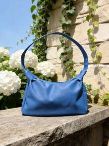 1pc Solid PU Underarm Shoulder Bag, Simple Metal Plate Decor Hobo Purse, Soft & Versatile PU Handbag For Women, Daily Use - Blue - View 3