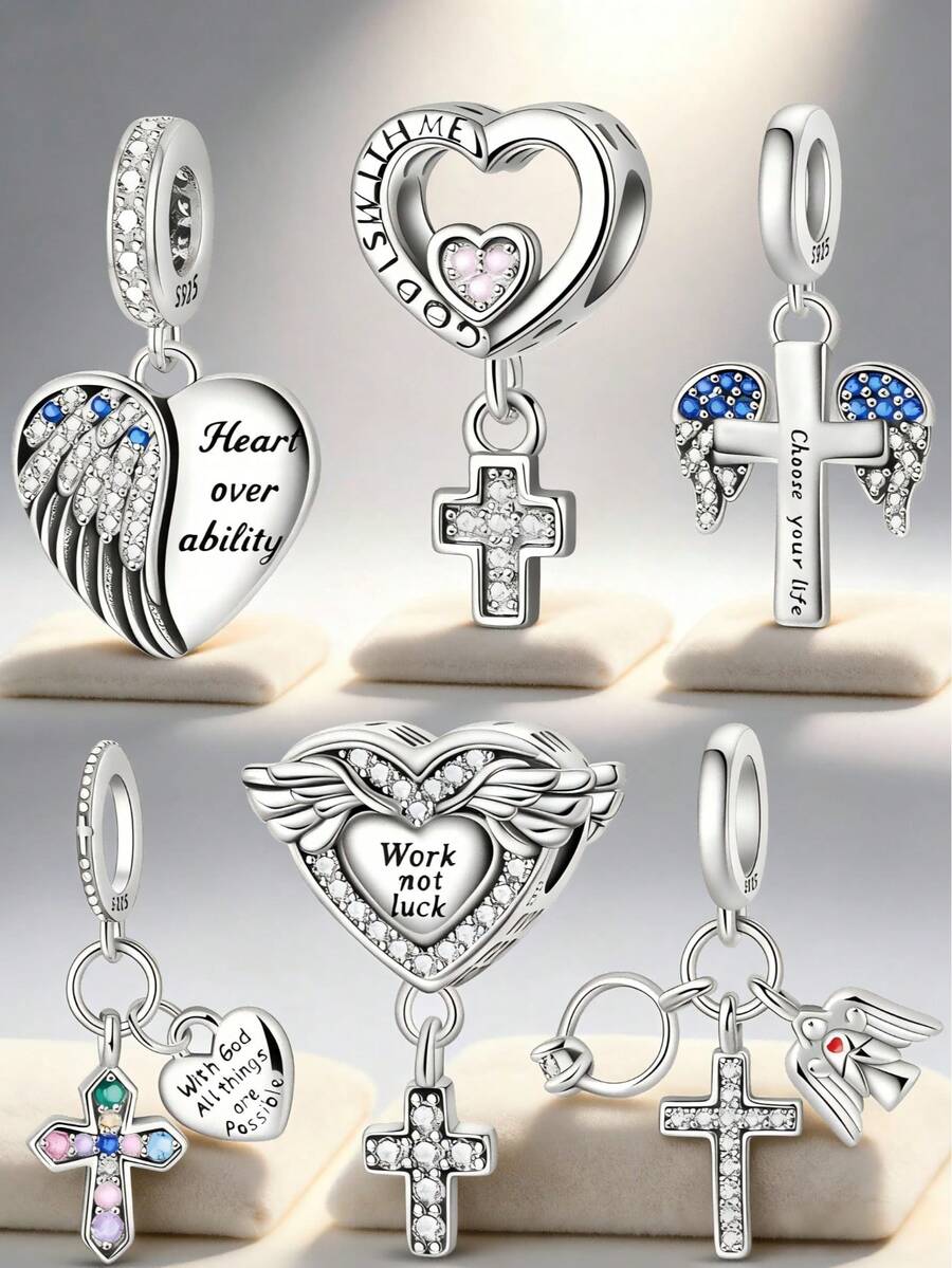 Mặt dây chuyền hình thánh giá, cánh thiên thần và trái tim bằng bạc Sterling 925, trang sức Cơ đốc giáo khắc chữ truyền cảm hứng, phù hợp với vòng tay kiểu Châu Âu tự làm cho phụ nữ. - Nhiều màu - Xem 1