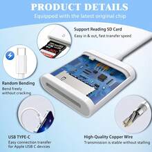 1 pieza Adaptador Lector de Tarjeta SD Compatible con iPhone 17/16/15 Pro Max/15 Pro/15 Plus/15/14/13/12/11/XS/XR/8/7/6, S26/S25/S24/S23/S22/S21/S20 Ultra Plus, Series, Lector de Tarjeta Plug and Play - Blanco - Ver 3