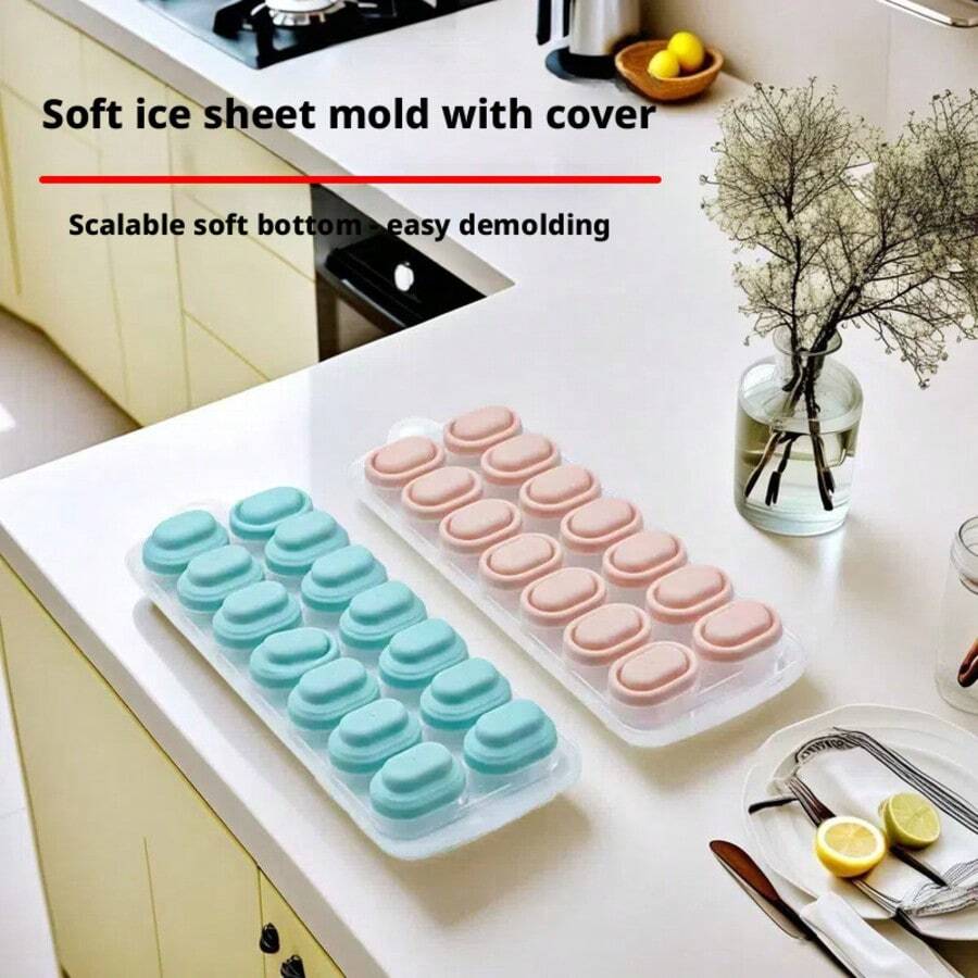 14-Cavity Silicone Ice Cube Tray With Lid, Ice Cube Mold, Freezer Storage Box - Multicolor - View 1