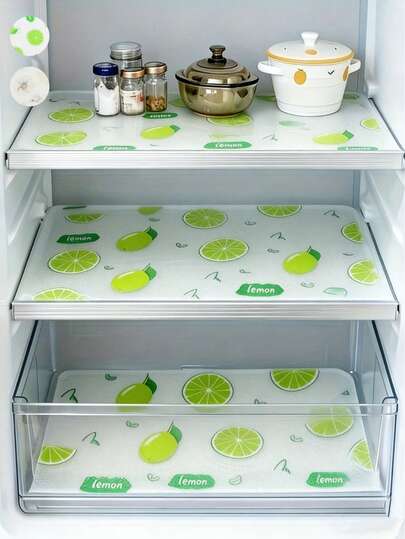 4片/8片装防水冰箱垫 - 防潮、防滑、可水洗、可重复使用。采用EVA材质，新颖的柠檬图案。适用于冰箱和厨房装饰。也可作为冰箱垫、抽屉垫、架子垫、桌布、鞋柜垫和橱柜垫使用。情人节礼物、家居用品、厨房用品、DIY工艺品、厨房收纳配件、家居装饰