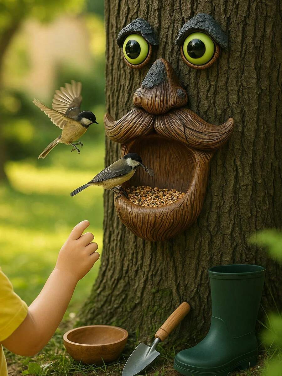 Tree Face Bird Feeder - Dark Outdoor Tree Hugger Sculpture With Glowing Eyes - Quirky Garden Decor And Wild Bird Feeder Yard Art - Multiple Styles - View 1