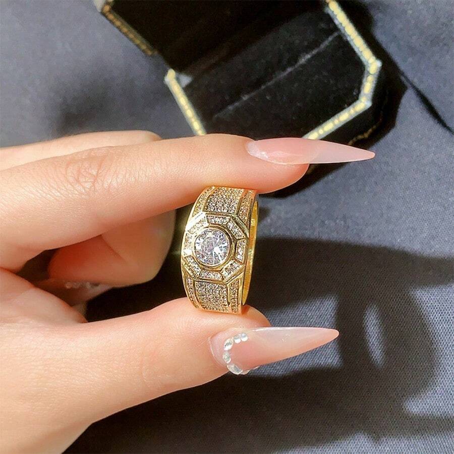 Nhẫn mạ vàng sang trọng cổ điển đính đá Cubic Zirconia, món quà trang sức dành cho nam giới, thích hợp cho tiệc tùng và đám cưới. - Vàng - Xem 1