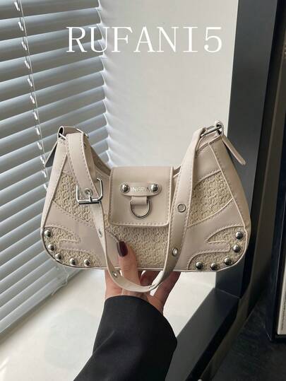 时尚新款撞色拼接铆钉装饰个性手提包，经典百搭的编织翻盖女士单肩腋下包，适合购物、装钱包、年轻女性、大学生、新人、白领等。非常适合办公室、大学、工作、商务、通勤、户外活动、旅行和郊游等场合。