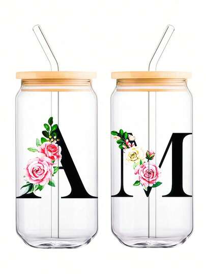 480ml Letter Printed Glass Cup, High Borosilicate Glass Cup With Bamboo Lid And Straw, Suitable For Coffee, Cold And Hot Drinks, Ideal For Parties, Holidays, Thanksgiving, Teacher's Day And Other Occasions