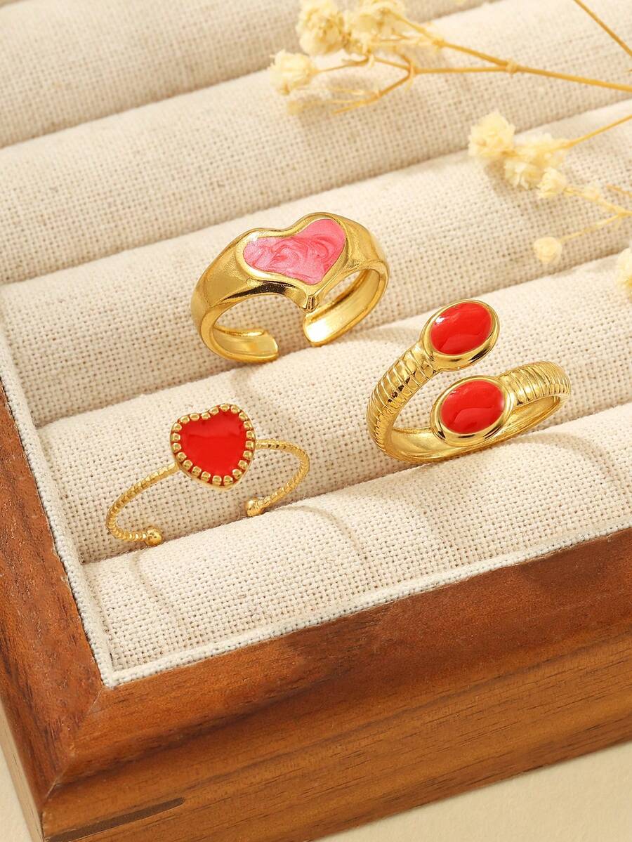 Set de 3 anillos abiertos de acero inoxidable de color dorado vintage, con gota de aceite rojo, adecuado para uso diario de mujeres o como regalo - Amarillo Oro - Ver 1
