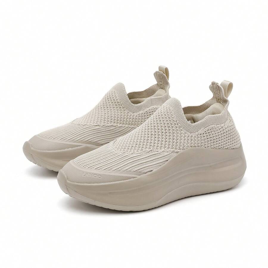 Women's Solid Color Casual Sports Shoes, Lightweight Soft-Sole Athletic Sneakers, Low-Top Breathable Fitness Shoes, Comfortable Thick-Soled Running Shoes - Apricot - View 1