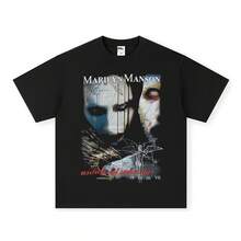 Nueva y popular camiseta vintage de manga corta de Marilyn Manson para hombre y mujer, estilo retro americano con efecto desgastado, camiseta de algodón puro para  internacional. - Camisa negra de manga corta (cuello pequeño) - Ver 7