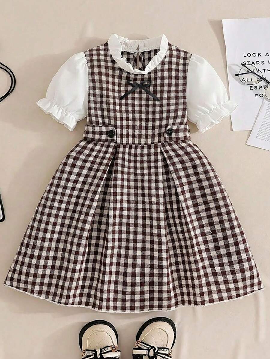 4-8 Years Old Girls' Retro Sweet Plaid, White Peter Pan Collar, Preppy Style Dress - Coffee Brown - View 1