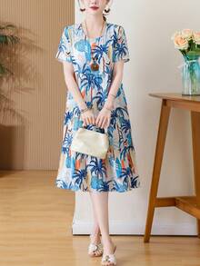 FANMUER 新款休闲宽松印花中长波西米亚风连衣裙，夏季款 - 藍白色 - 查看 1