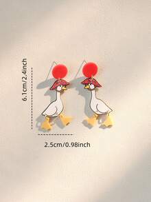 一对Y2K风格可爱亚克力鸭子戴红色蘑菇帽吊坠耳环，音乐节派对礼物 - 白色 - 查看 4