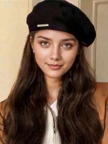 1 Black Hat Wig All-In-One Women's Metal Label Beret Fashion Long Curly Hair, With Hairnet, Suitable For Hair Loss, Daily Wear In All Seasons, Dating, Parties, Outings - Black Metal Logo Beret - View 4