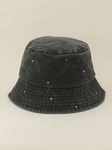 Fashionable Street Style Rhinestone Bucket Hat, Women's Casual Vintage Washed Bucket Hat, Foldable Handmade Rhinestone Sun Protection Hat For Spring & Summer,Beach,Travel - Rhinestones - View 1