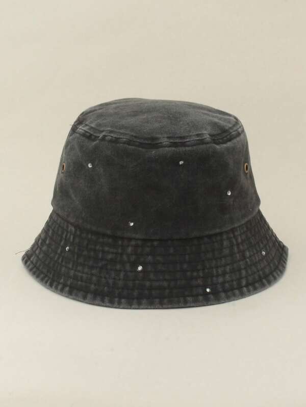 Fashionable Street Style Rhinestone Bucket Hat, Women's Casual Vintage Washed Bucket Hat, Foldable Handmade Rhinestone Sun Protection Hat For Spring & Summer