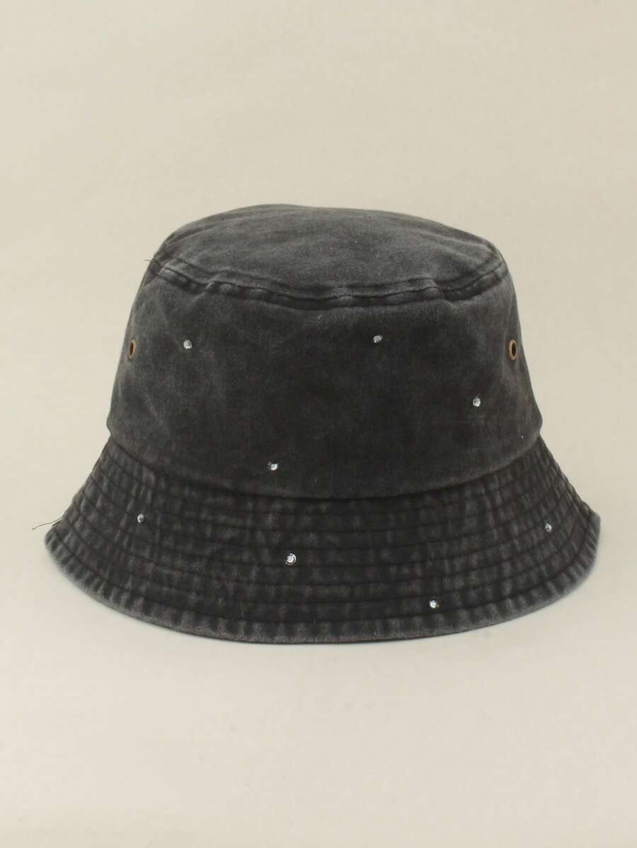 Fashionable Street Style Rhinestone Bucket Hat, Women's Casual Vintage Washed Bucket Hat, Foldable Handmade Rhinestone Sun Protection Hat For Spring & Summer,Beach,Travel - Rhinestones - View 1