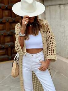 大码女式纯色镂空钩编罩衫，优雅休闲长袖开襟轻薄披肩防晒外套，适合春夏穿着，大码 - 卡其色 - 查看 5