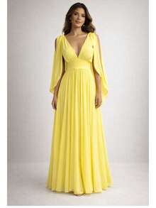Women's Long Pleated Dress For Bridesmaids And Graduations - 黃色 - 查看 2