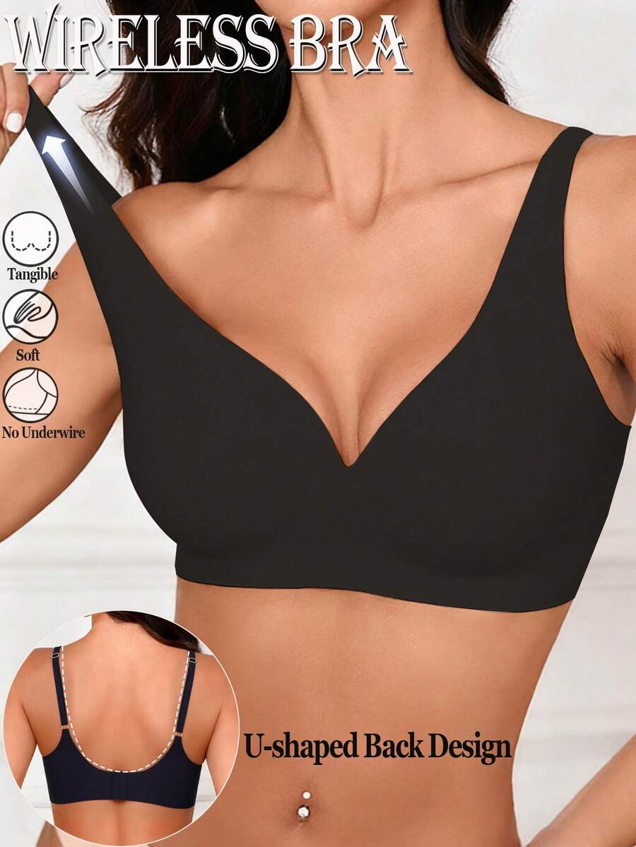 Women's Seamless Push-Up Bra, Invisible Bra, Removable Pads - Black - View 1
