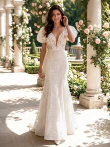 HEARBOBO Mesh Petal Sleeve Deep V-Neck Lace Trim Luxurious Bohemian Mermaid Dress, Elegant French Style Wedding Gown - White - View 6