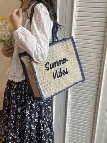 2026 Spring Letter Print Large Capacity Woven Shoulder Bag, Fashion Business Commuter Bag, Minimalist Versatile Lightweight Tote Bag - Blue - View 4