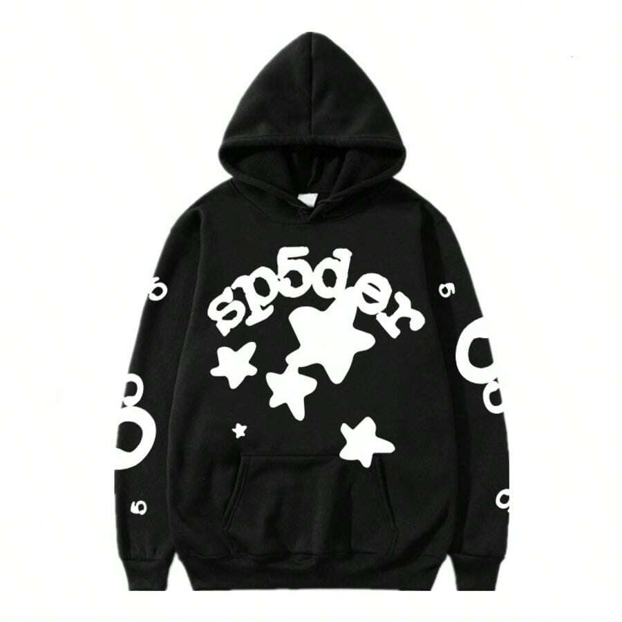 Spider Web Fashion Hip-Hop Printed Flower Hoodie, European And American Brand Large-Sized Loose Men's And Women's Hooded Sweatshirt Set - 黑色上衣 - 查看 1