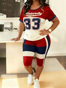 Plus Size - Plus Size - A Two-Piece Set For Women Featuring A Plus-Size Short-Sleeve Top With A Round Neck And Red-Blue Striped Print, Along With Matching Shorts. This Spring And Summer Outfit Is Perfect For, Casual Wear, And Everyday - 混合色 - 查看 2